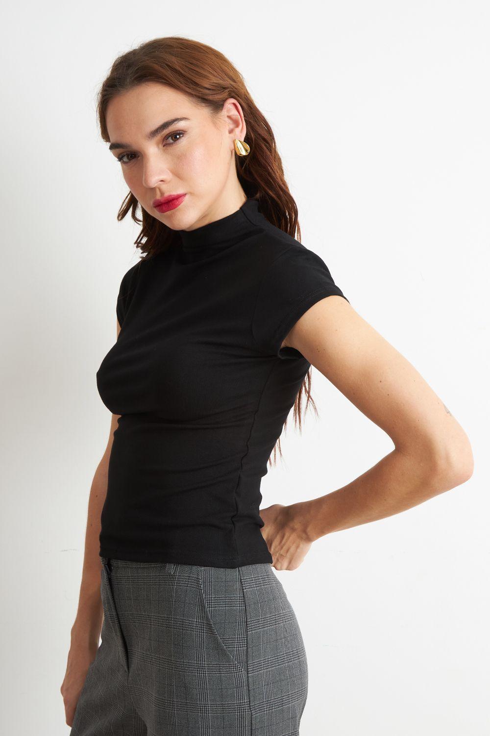 Polera Manga Corta Cuello Alto Negro Nicopoly-2