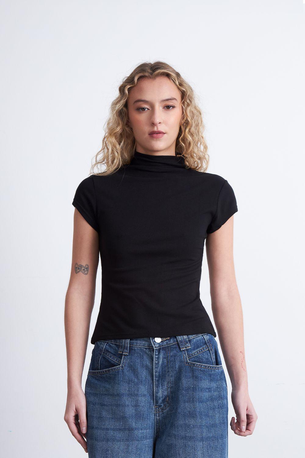 Polera Manga Corta Cuello Alto Negro Nicopoly-0