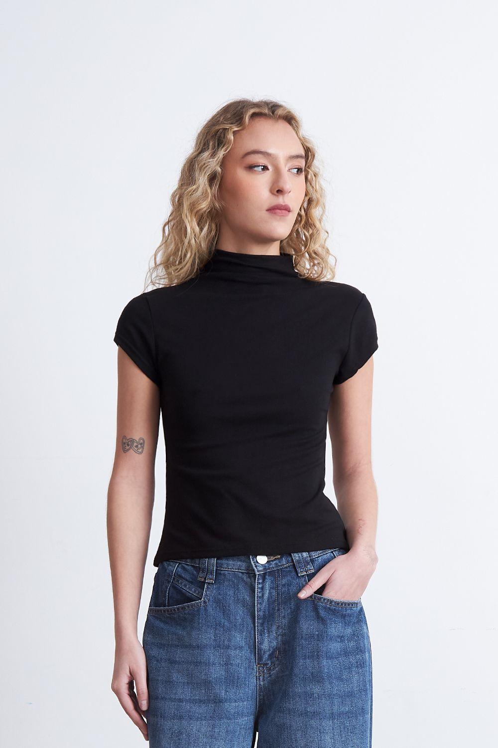Polera Manga Corta Cuello Alto Negro Nicopoly-4