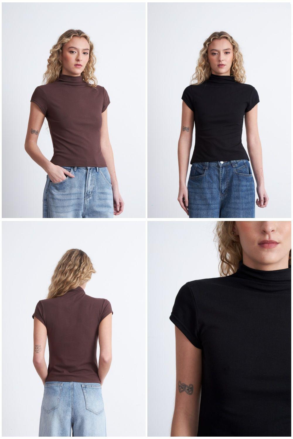 Polera Manga Corta Cuello Alto Negro Nicopoly-6