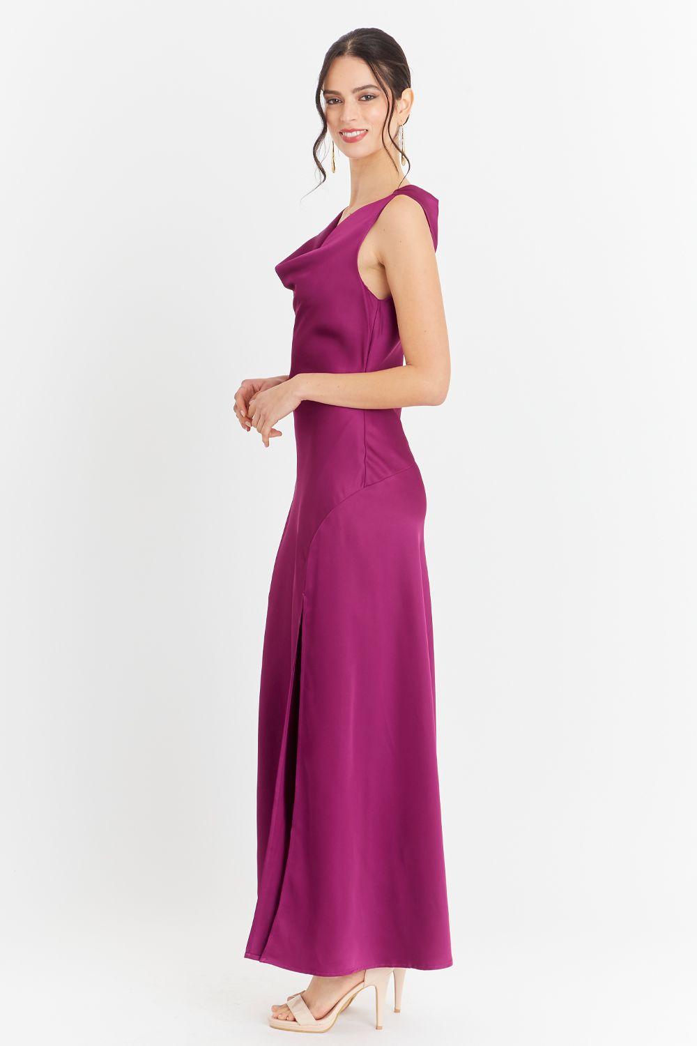 Vestido Largo Escote Drapeado Morado Nicopoly-2