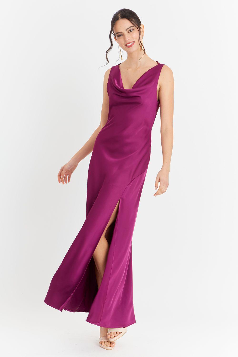 Vestido Largo Escote Drapeado Morado Nicopoly-4