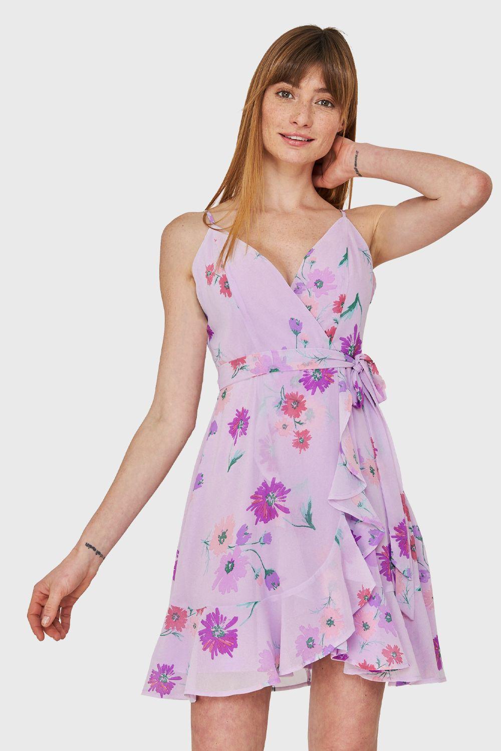 Vestido Corte Tulipán Floreado Lila Nicopoly-0