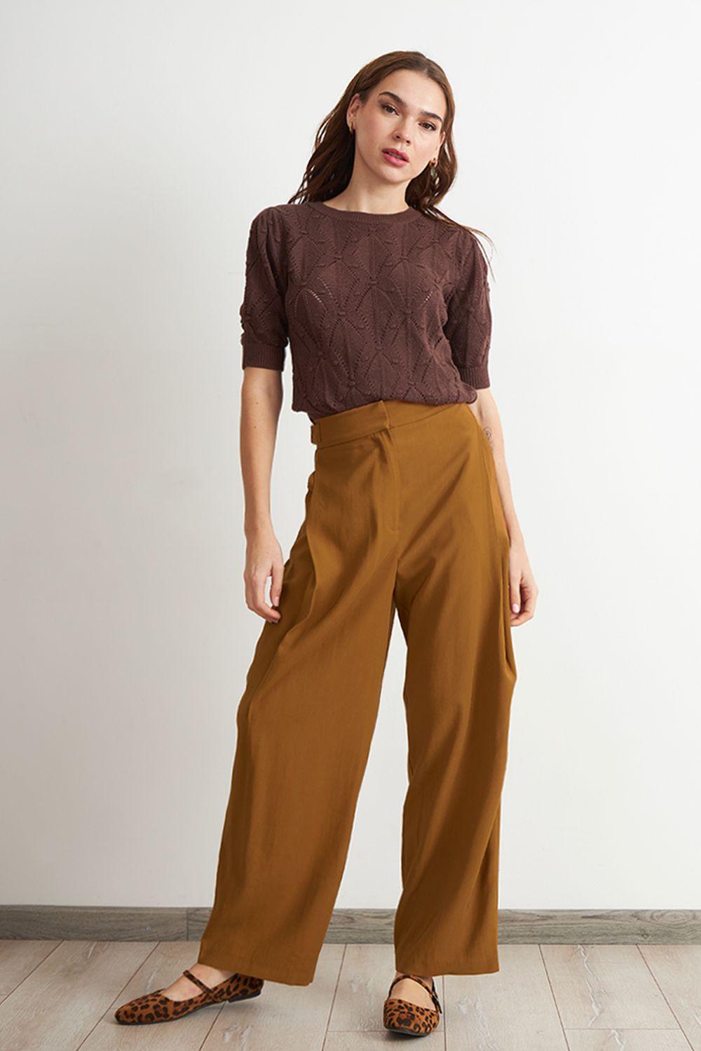 Pantalón Estilo Japonés Pierna Ancha Café Nicopoly-1