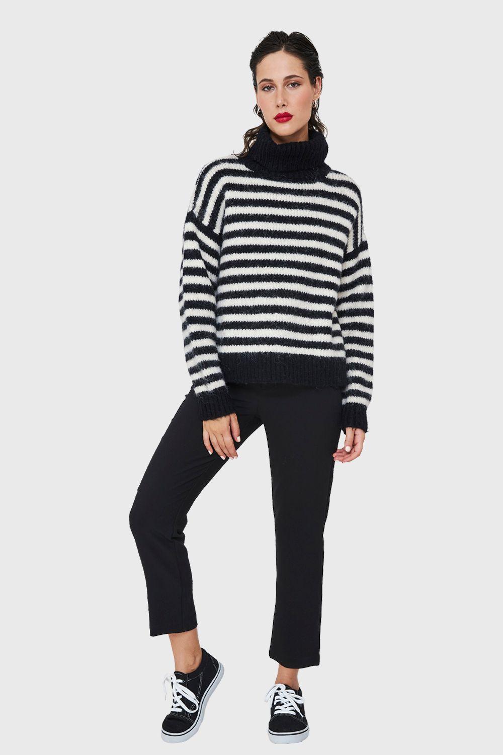 Sweater Holgado Rayado Cuello Alto Negro Nicopoly-1