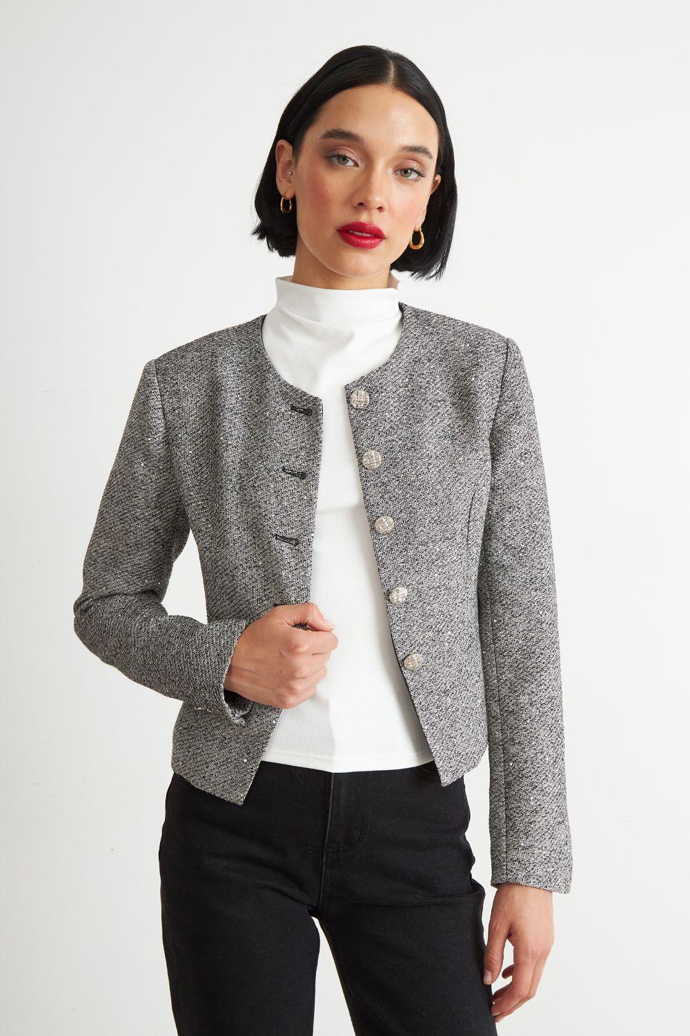 Blazer Cuello Redondo sin Solapa Gris Nicopoly-0