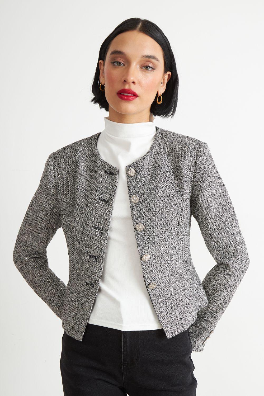 Blazer Cuello Redondo sin Solapa Gris Nicopoly-4