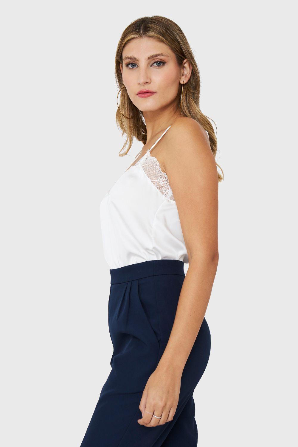 Top Tipo Satín Escote Encaje Blanco Nicopoly-2