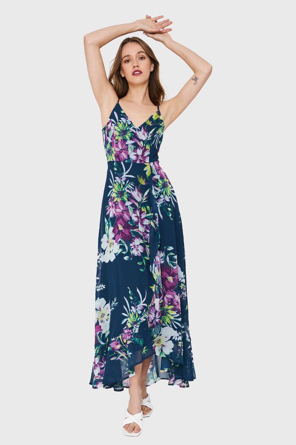 Vestido Largo Floral Vuelos Azul Nicopoly-1
