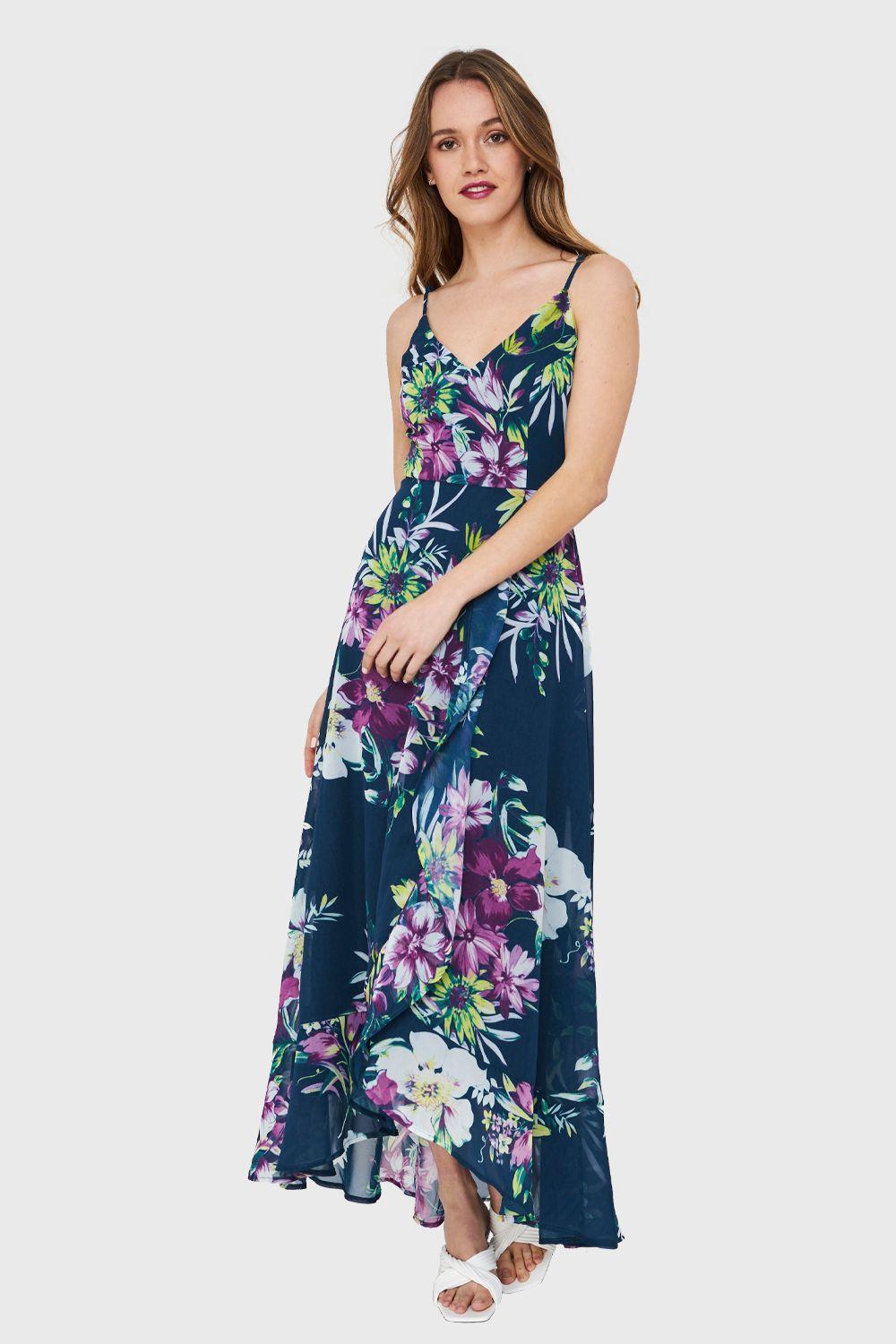 Vestido Largo Floral Vuelos Azul Nicopoly-4