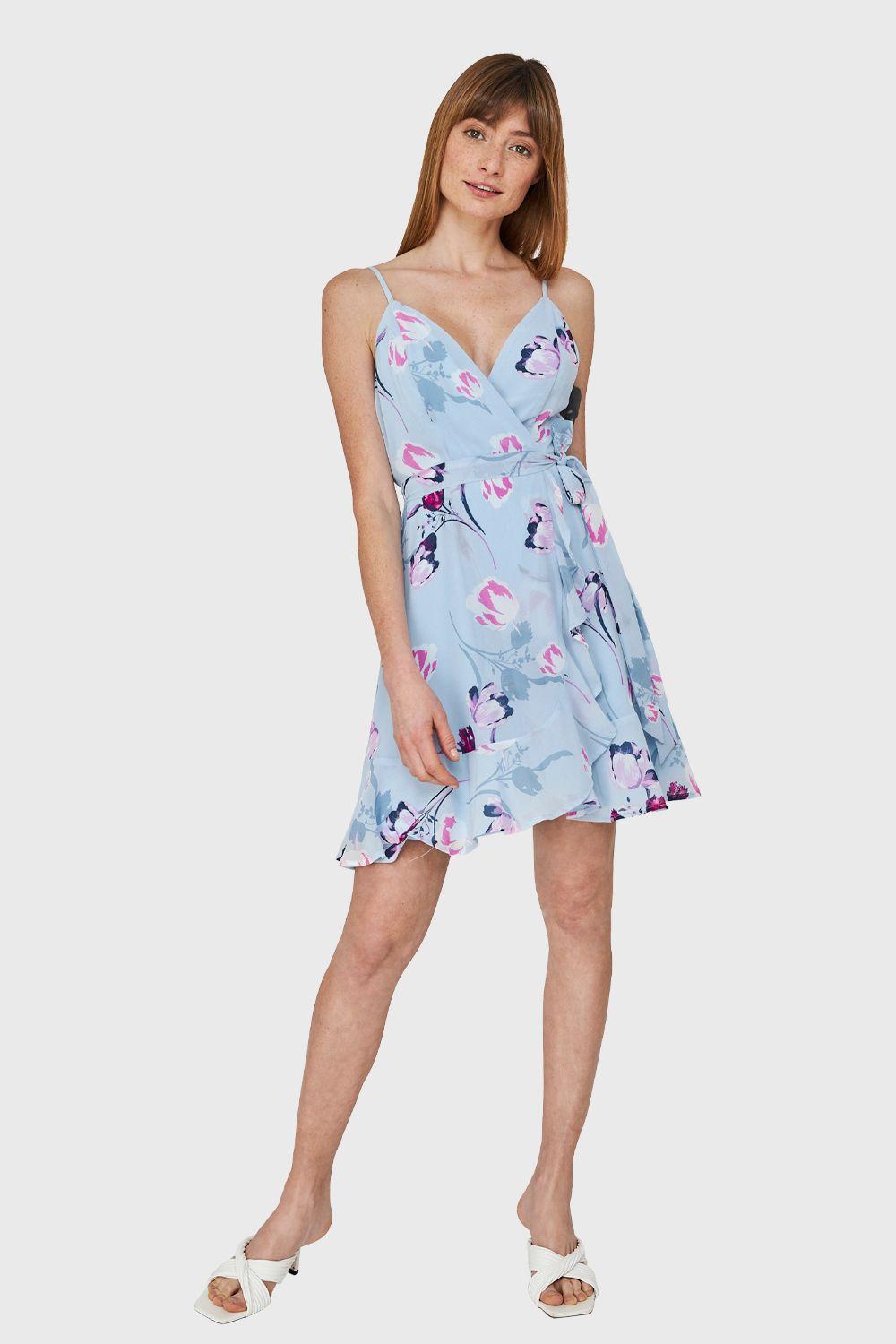 Vestido Corte Tulipán Floreado Celeste Nicopoly-1