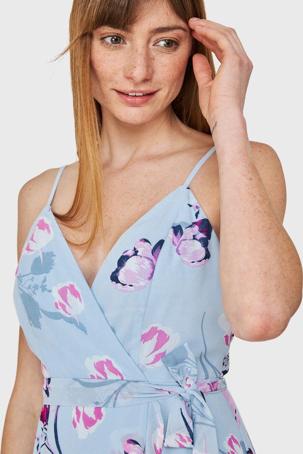 Vestido Corte Tulipán Floreado Celeste Nicopoly-5
