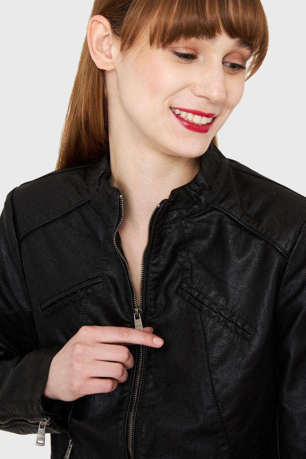 Chaqueta Ecocuero Cuello Mao Negro Nicopoly-5