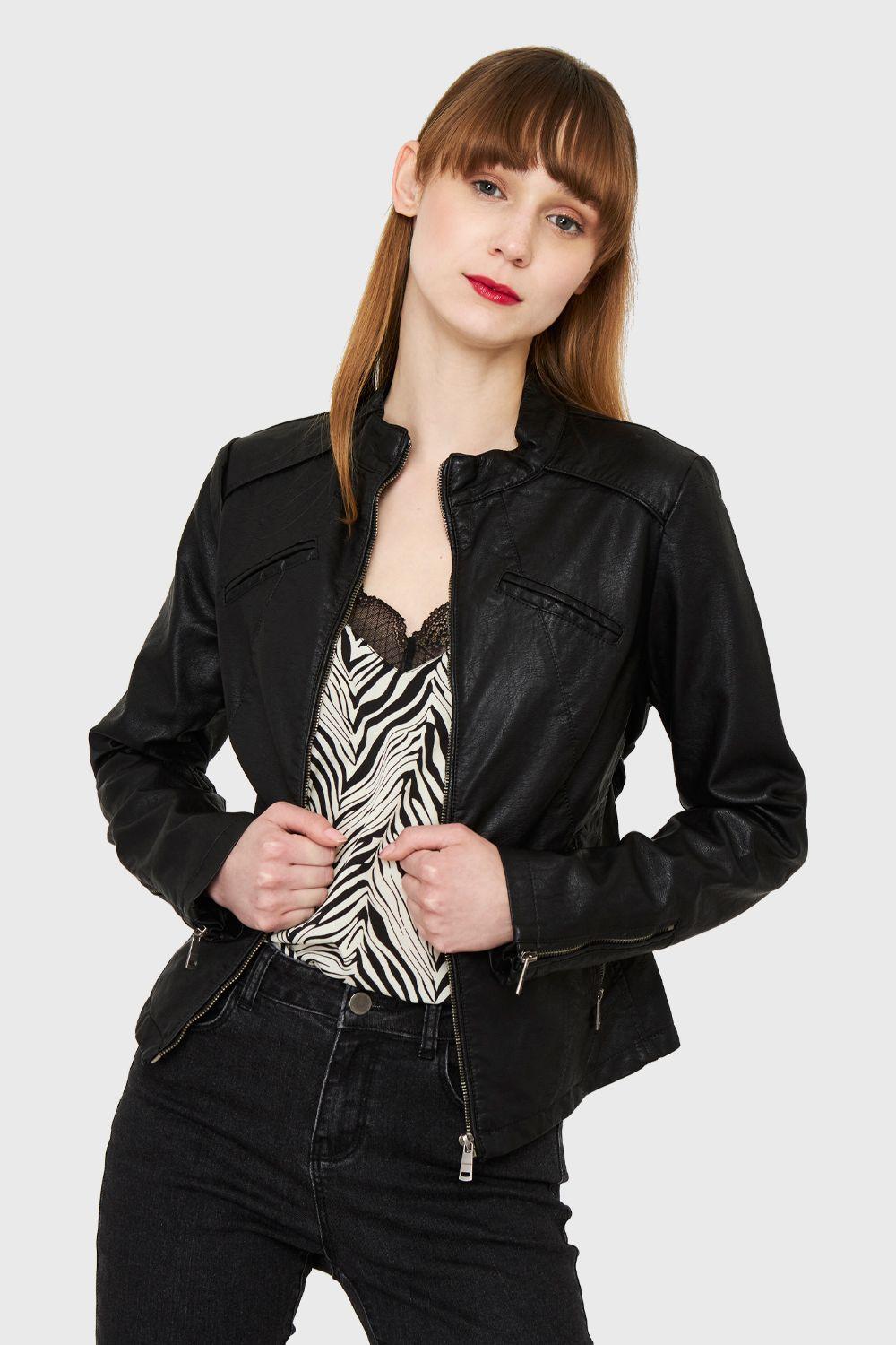 Chaqueta Ecocuero Cuello Mao Negro Nicopoly-0