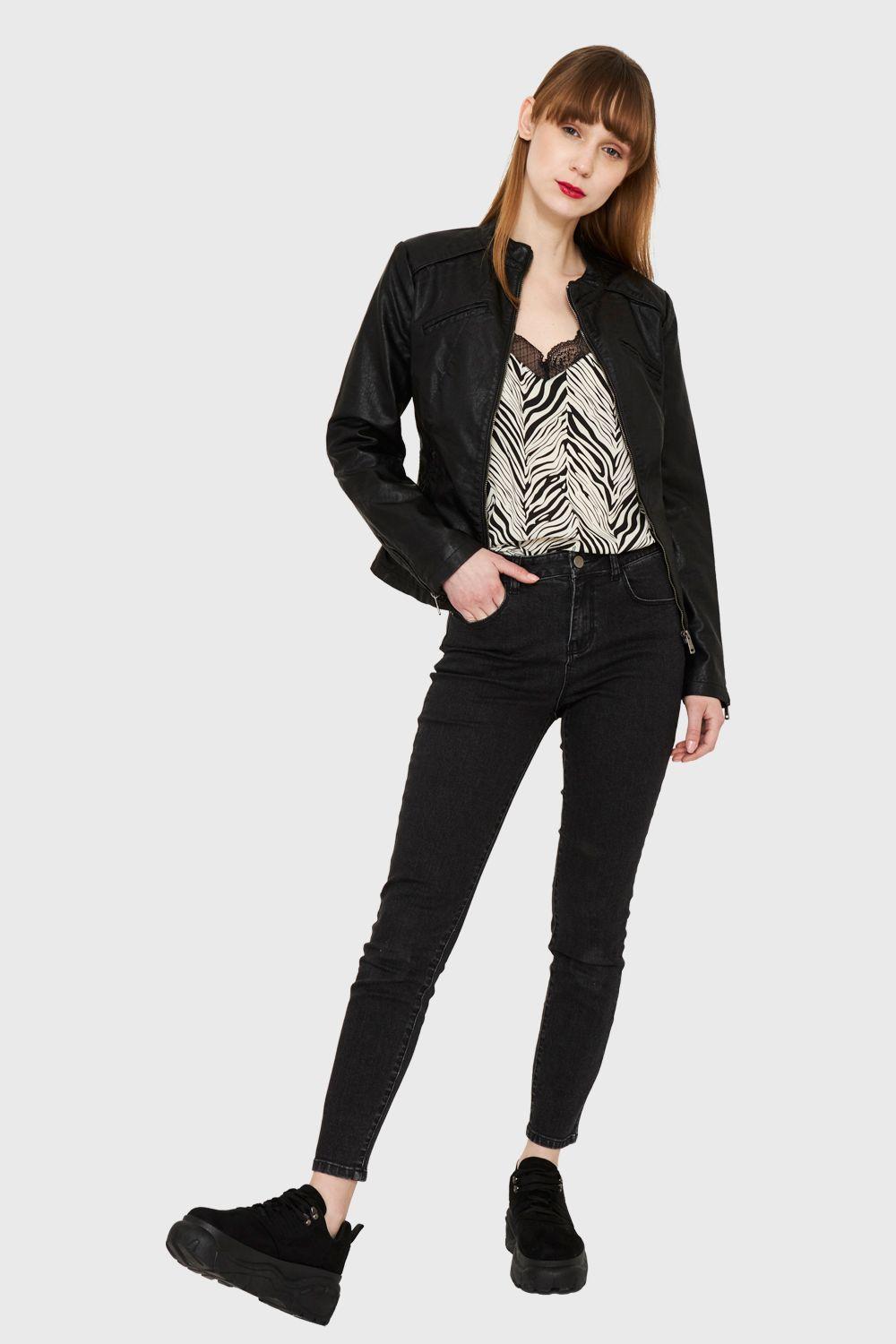 Chaqueta Ecocuero Cuello Mao Negro Nicopoly-1