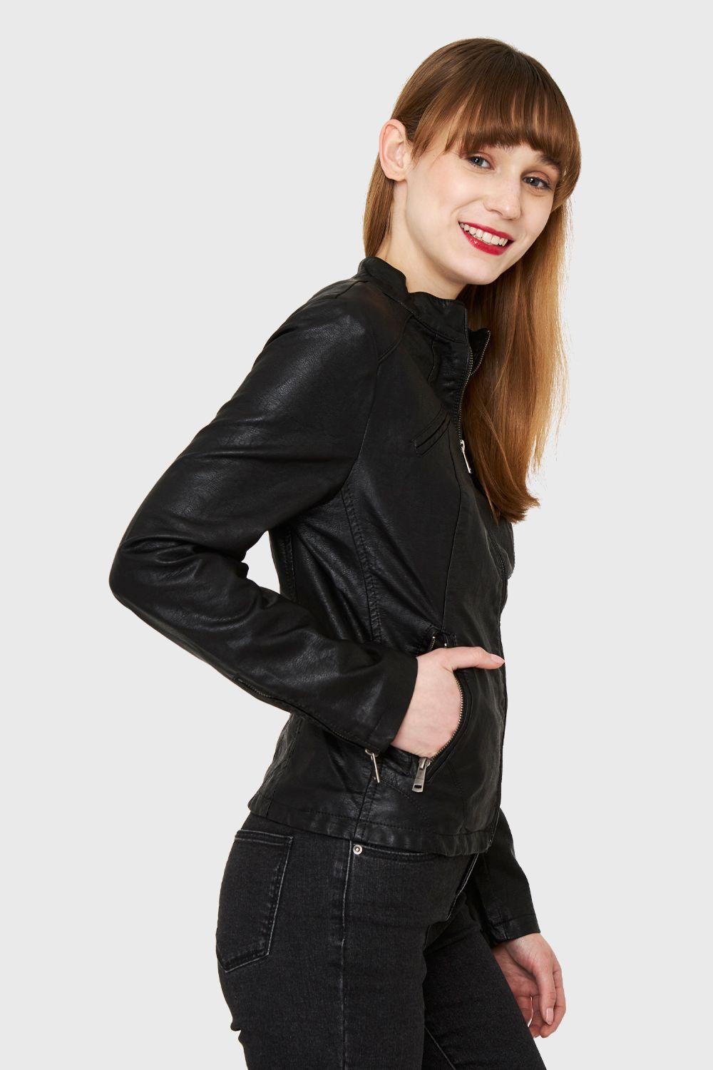 Chaqueta Ecocuero Cuello Mao Negro Nicopoly-2