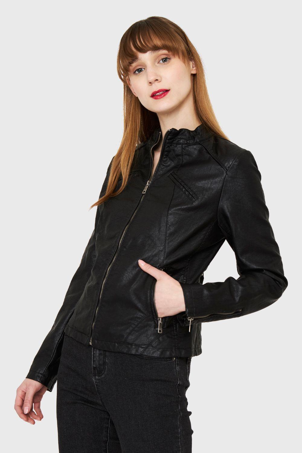 Chaqueta Ecocuero Cuello Mao Negro Nicopoly-4