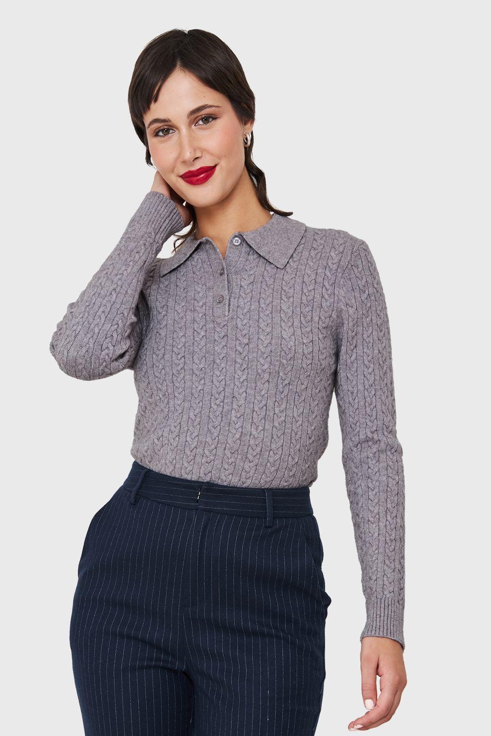 Sweater Cuello Camisero Cadenetas Gris Nicopoly-0