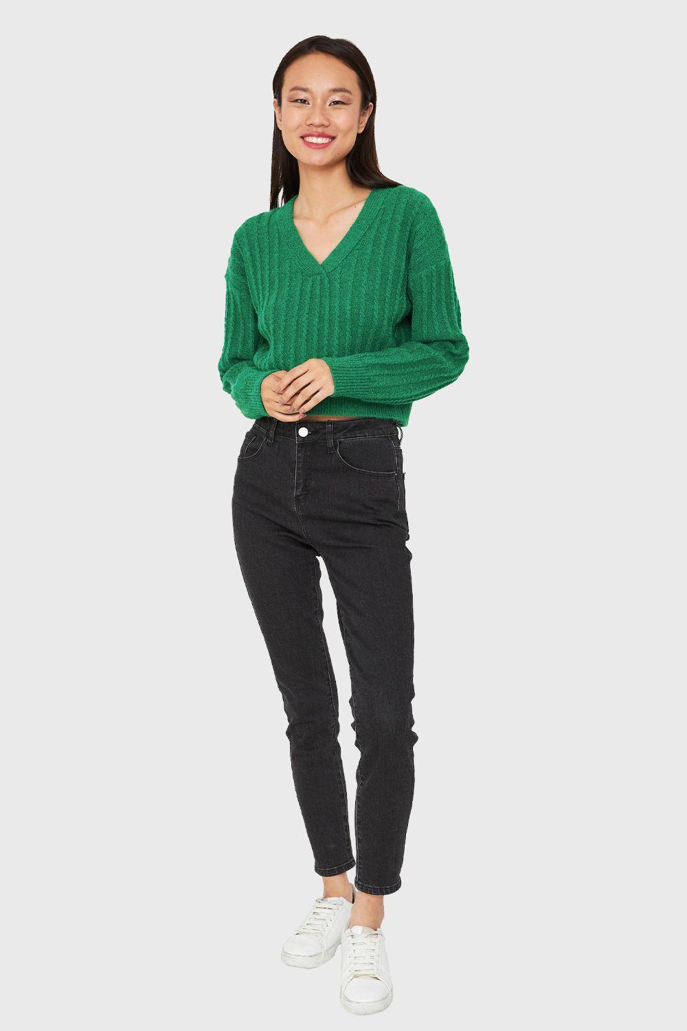 Sweater Crop Cuello V Verde Nicopoly-1