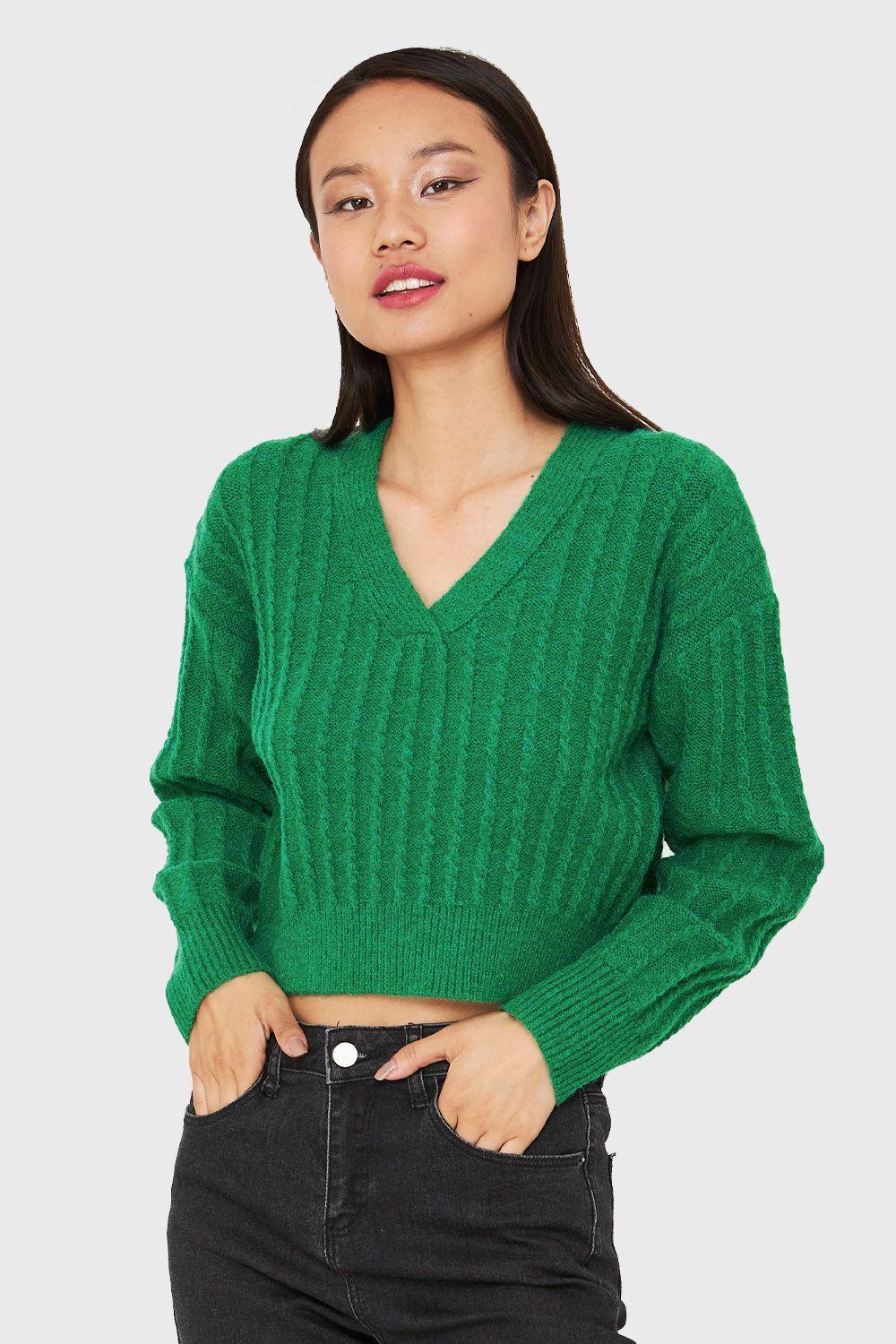 Sweater Crop Cuello V Verde Nicopoly-4