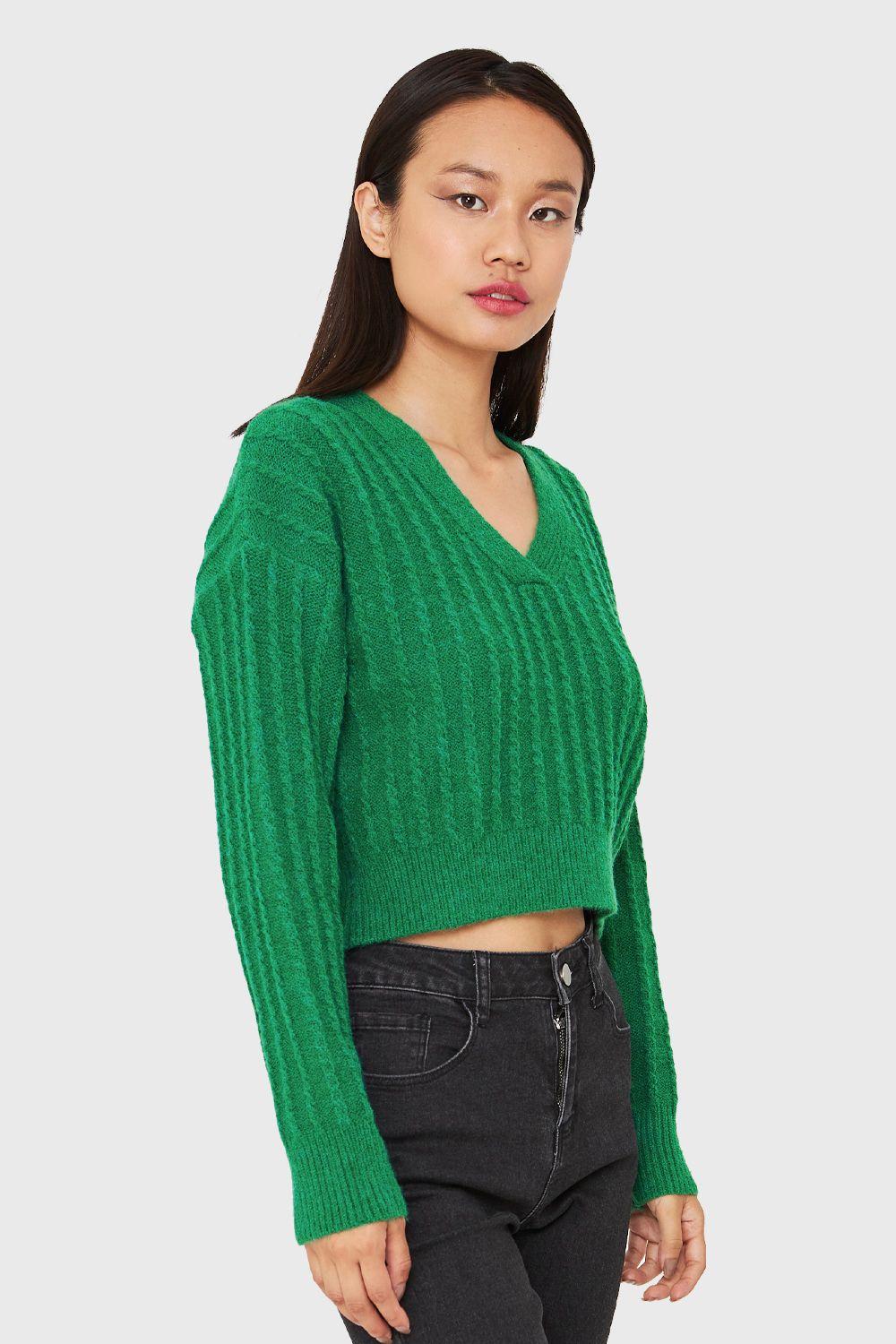 Sweater Crop Cuello V Verde Nicopoly-2