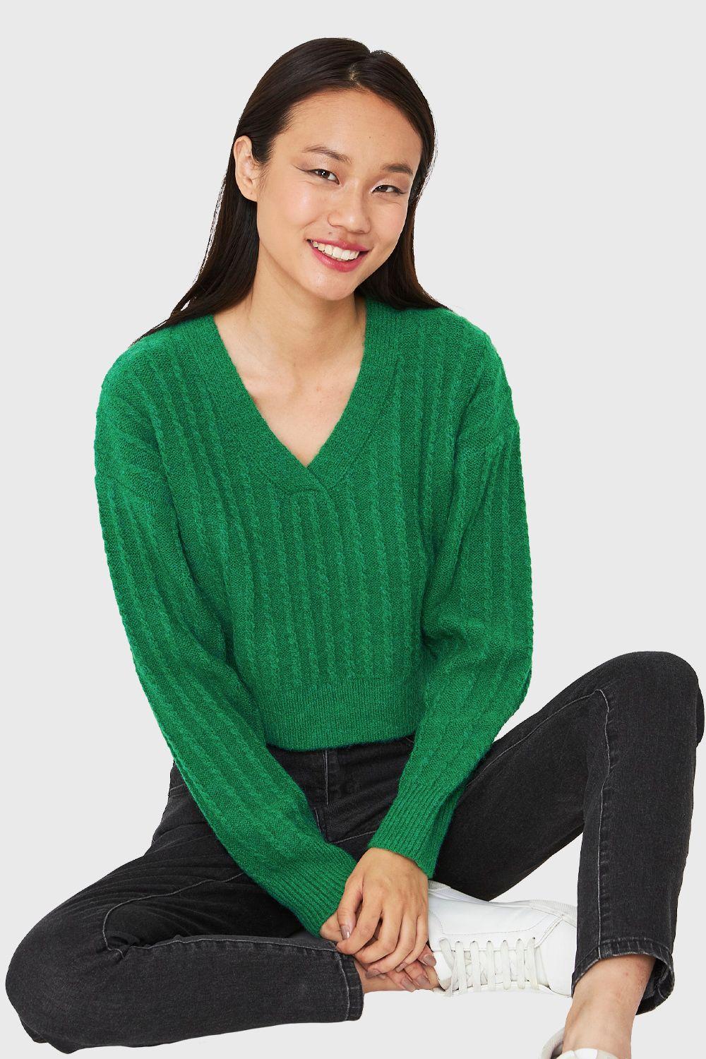 Sweater Crop Cuello V Verde Nicopoly-0
