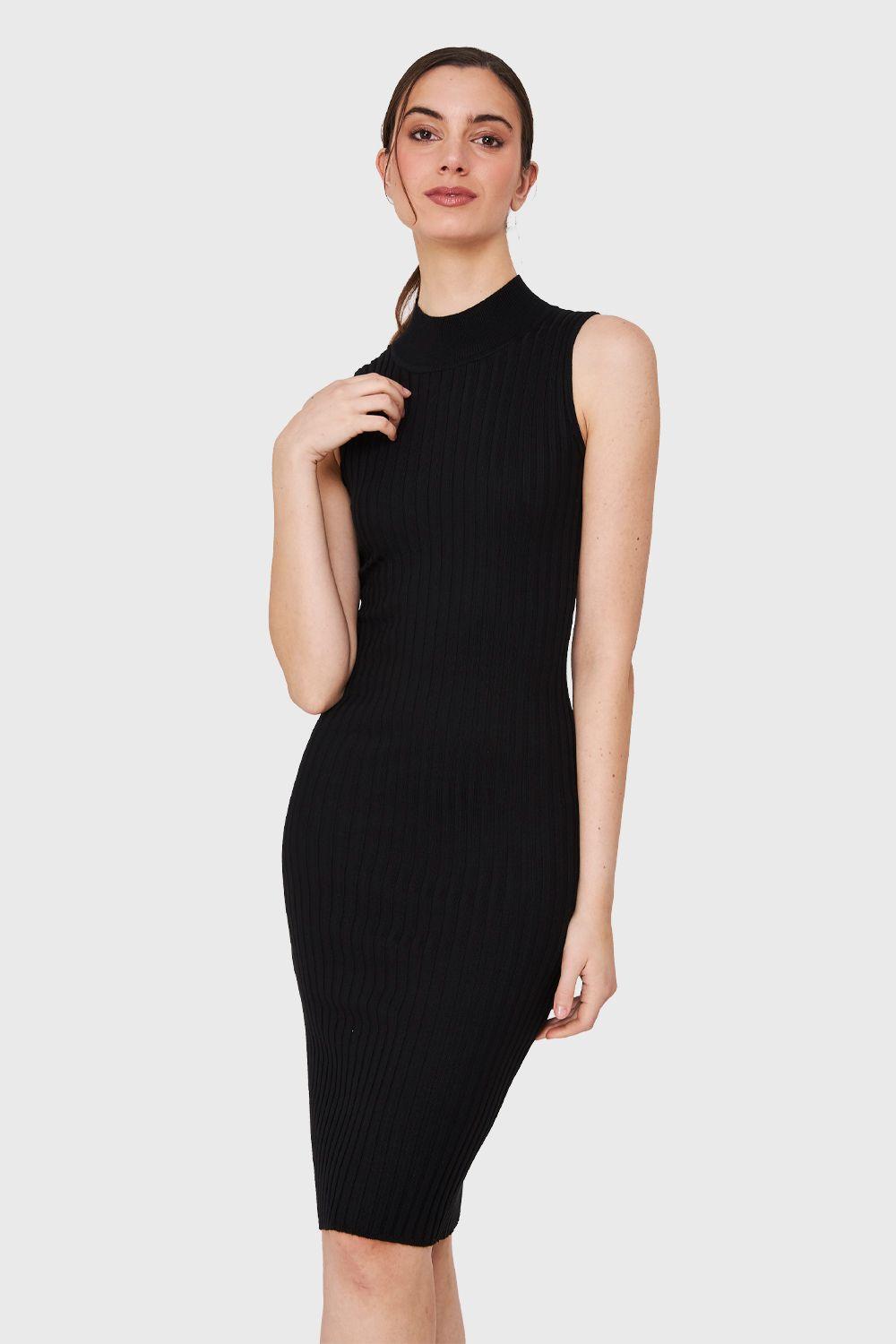 Vestido Acanalado Cuello Alto Negro Nicopoly-0