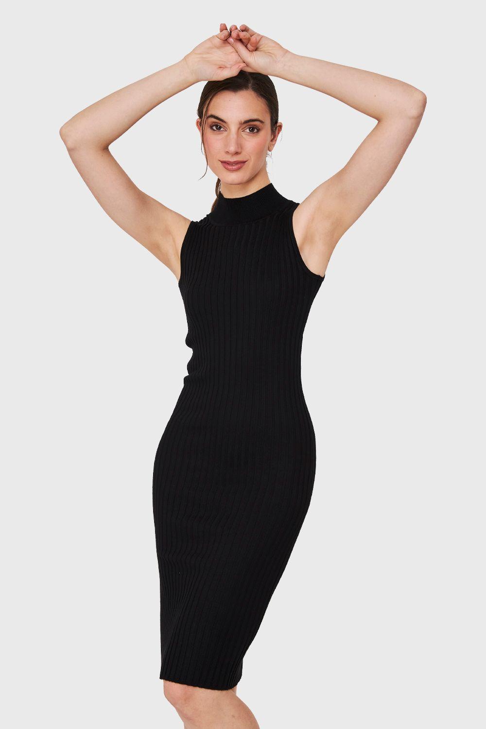 Vestido Acanalado Cuello Alto Negro Nicopoly-4