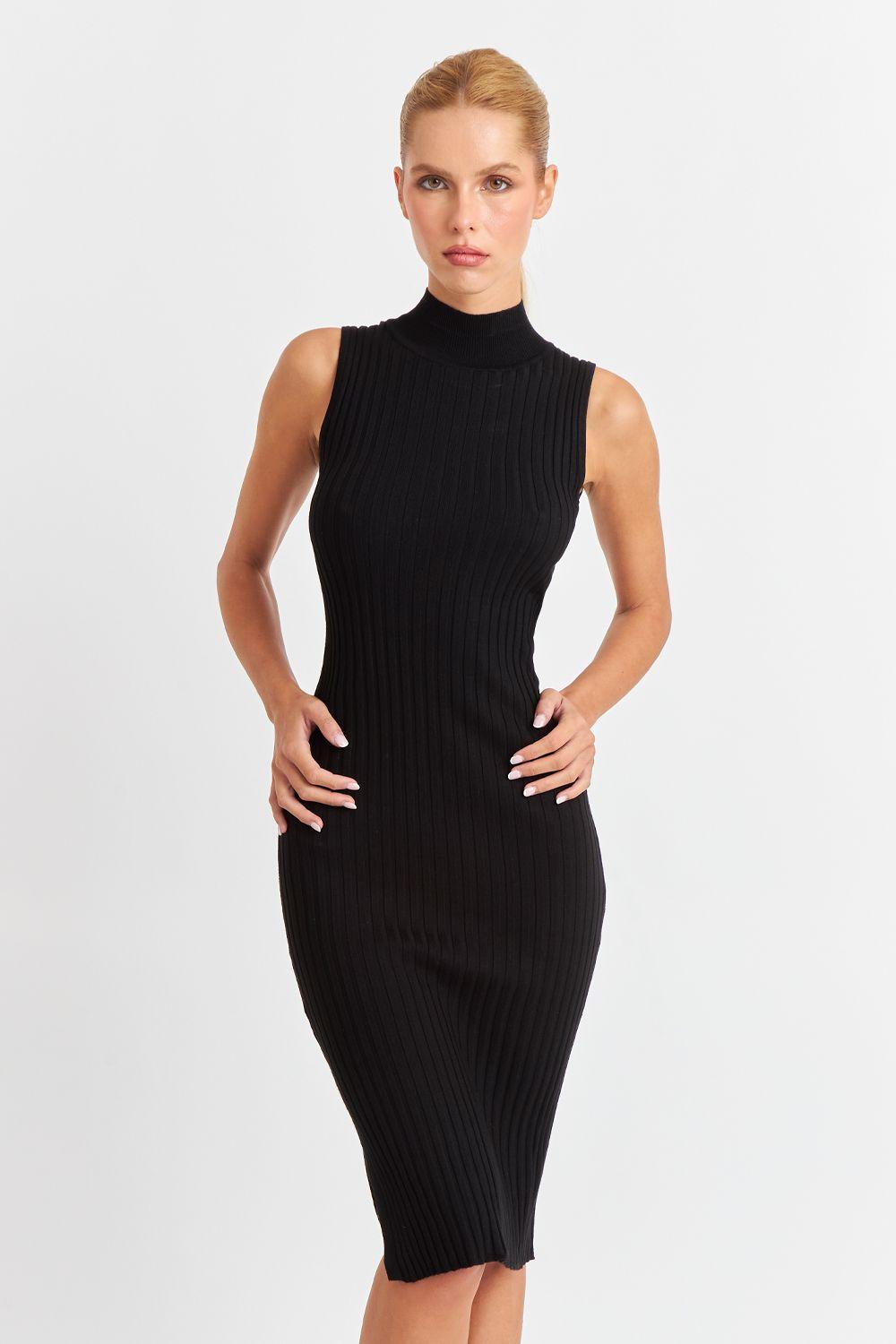 Vestido Acanalado Cuello Alto Negro Nicopoly-6