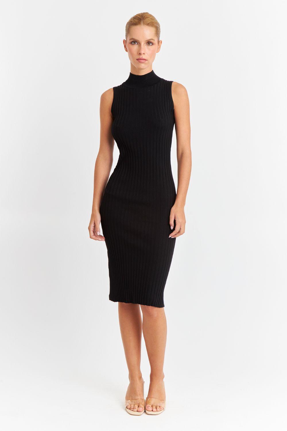 Vestido Acanalado Cuello Alto Negro Nicopoly-7