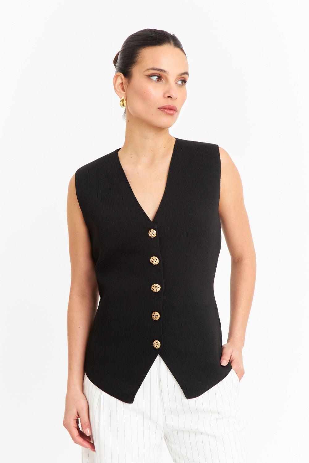 Gilet Largo con Botones Negro-0