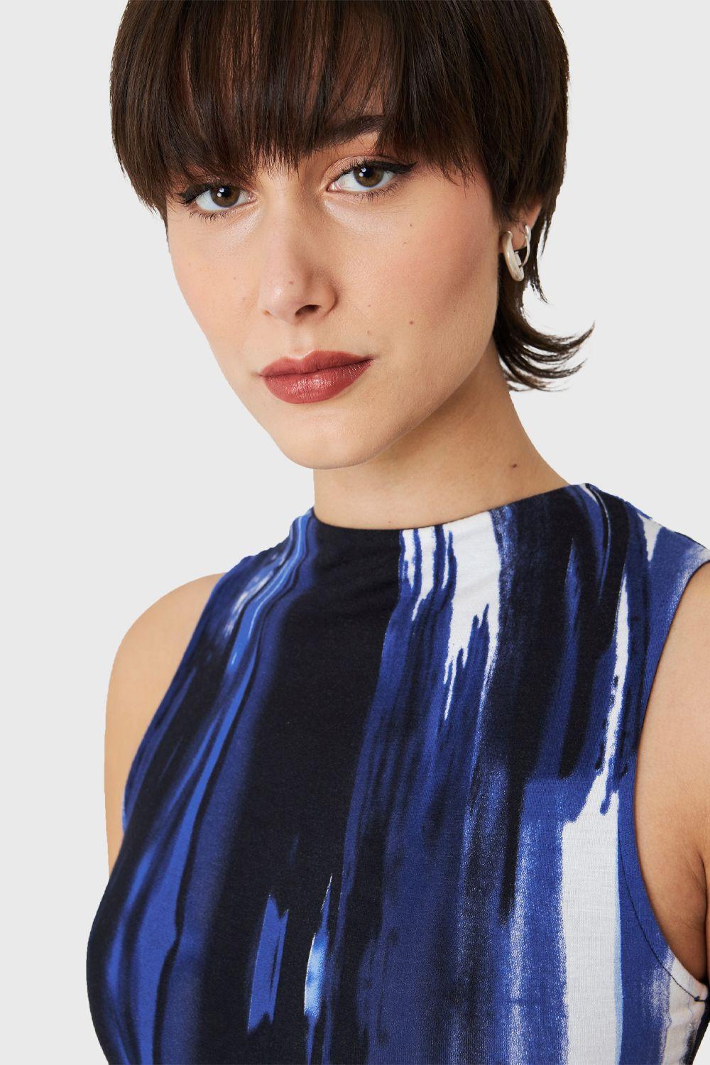 Vestido Ajustado Print Pincelado Azul Nicopoly-5