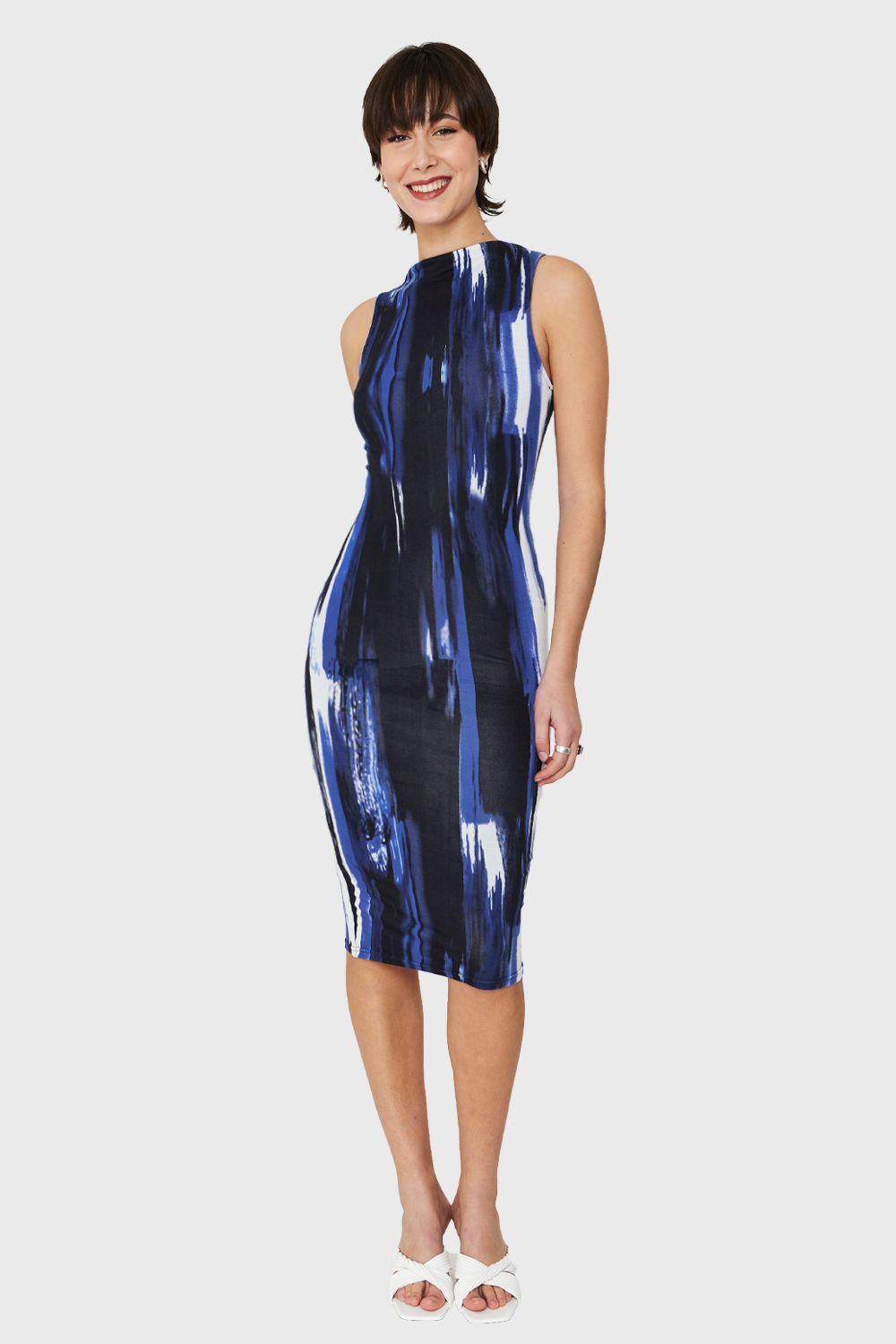Vestido Ajustado Print Pincelado Azul Nicopoly-1