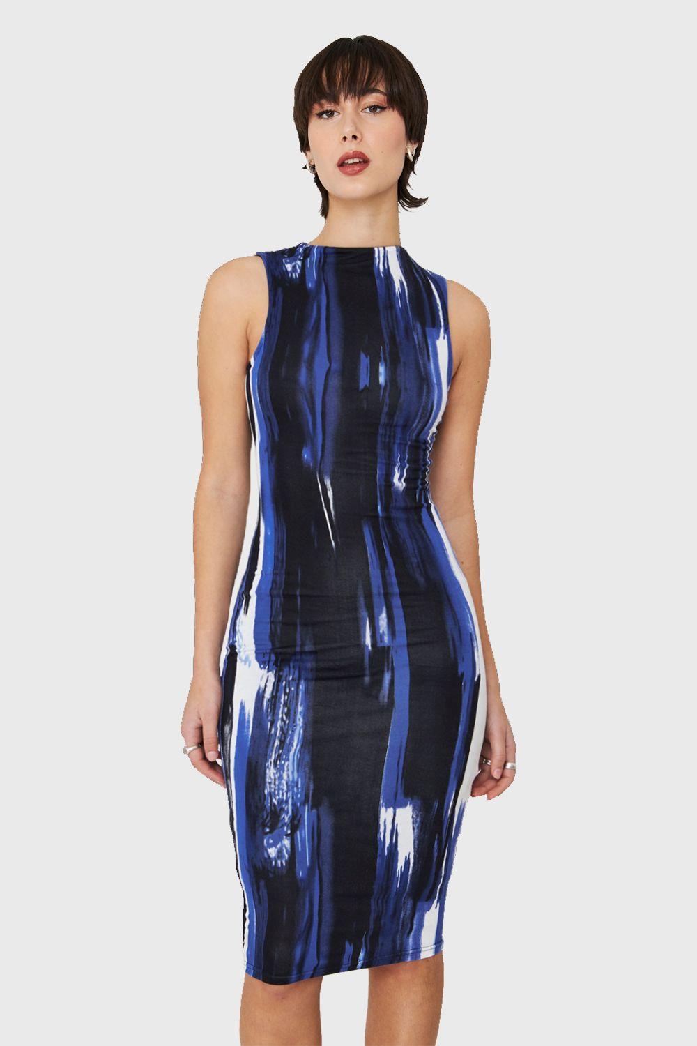 Vestido Ajustado Print Pincelado Azul Nicopoly-0