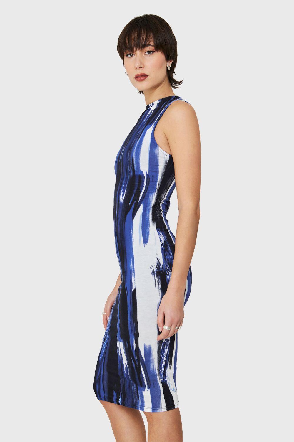 Vestido Ajustado Print Pincelado Azul Nicopoly-2