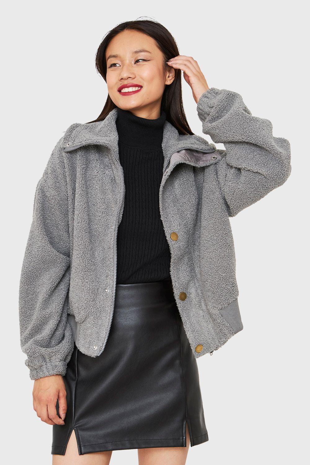 Chaqueta Teddy Cierre Y Broches Gris Nicopoly-0