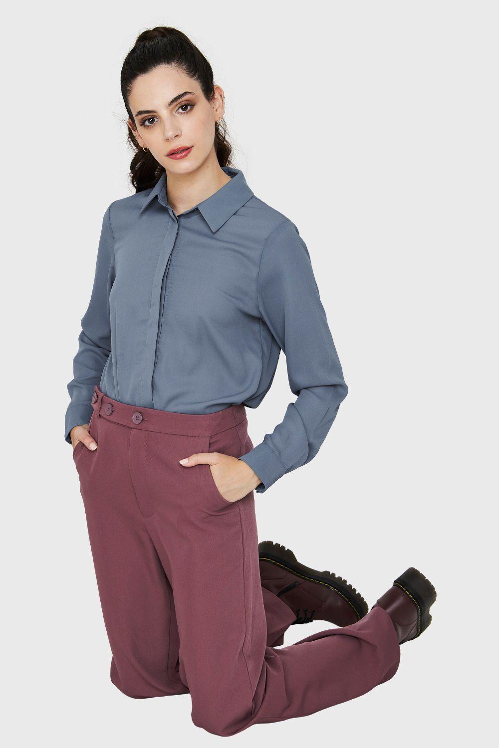 Blusa Básica Botonera Invisible Azul Acero Nicopoly-4