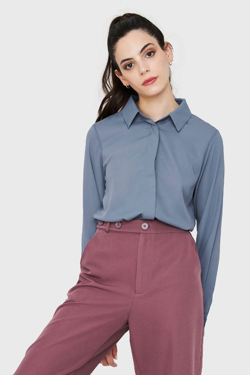 Blusa Básica Botonera Invisible Azul Acero Nicopoly-0