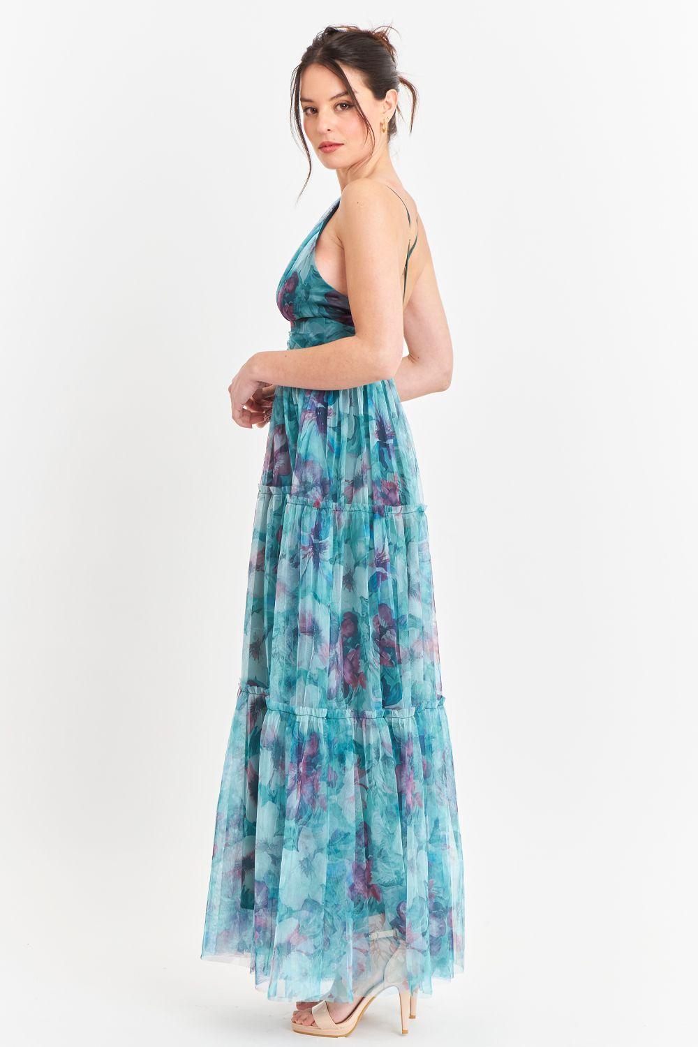 Vestido Tul Floreado Celeste Nicopoly-2