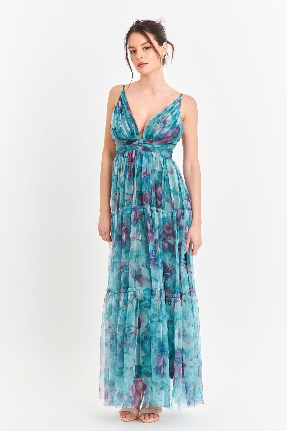 Vestido Tul Floreado Celeste Nicopoly-4