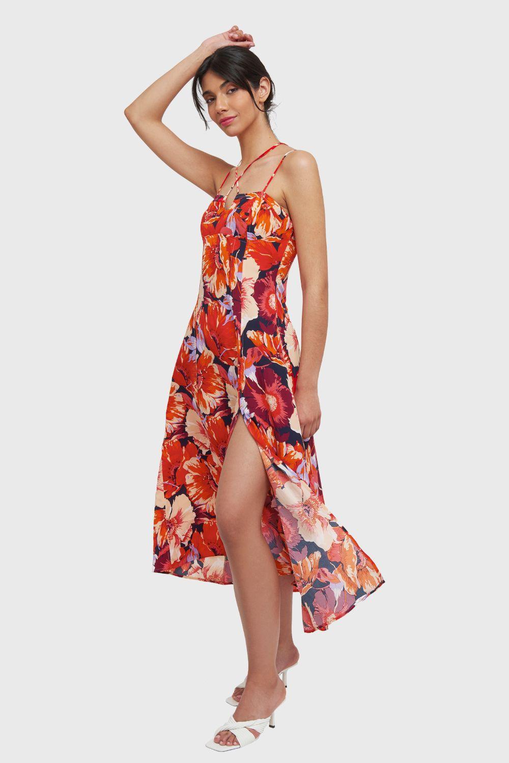 Vestido Largo Floral Tajo Naranjo Nicopoly-2