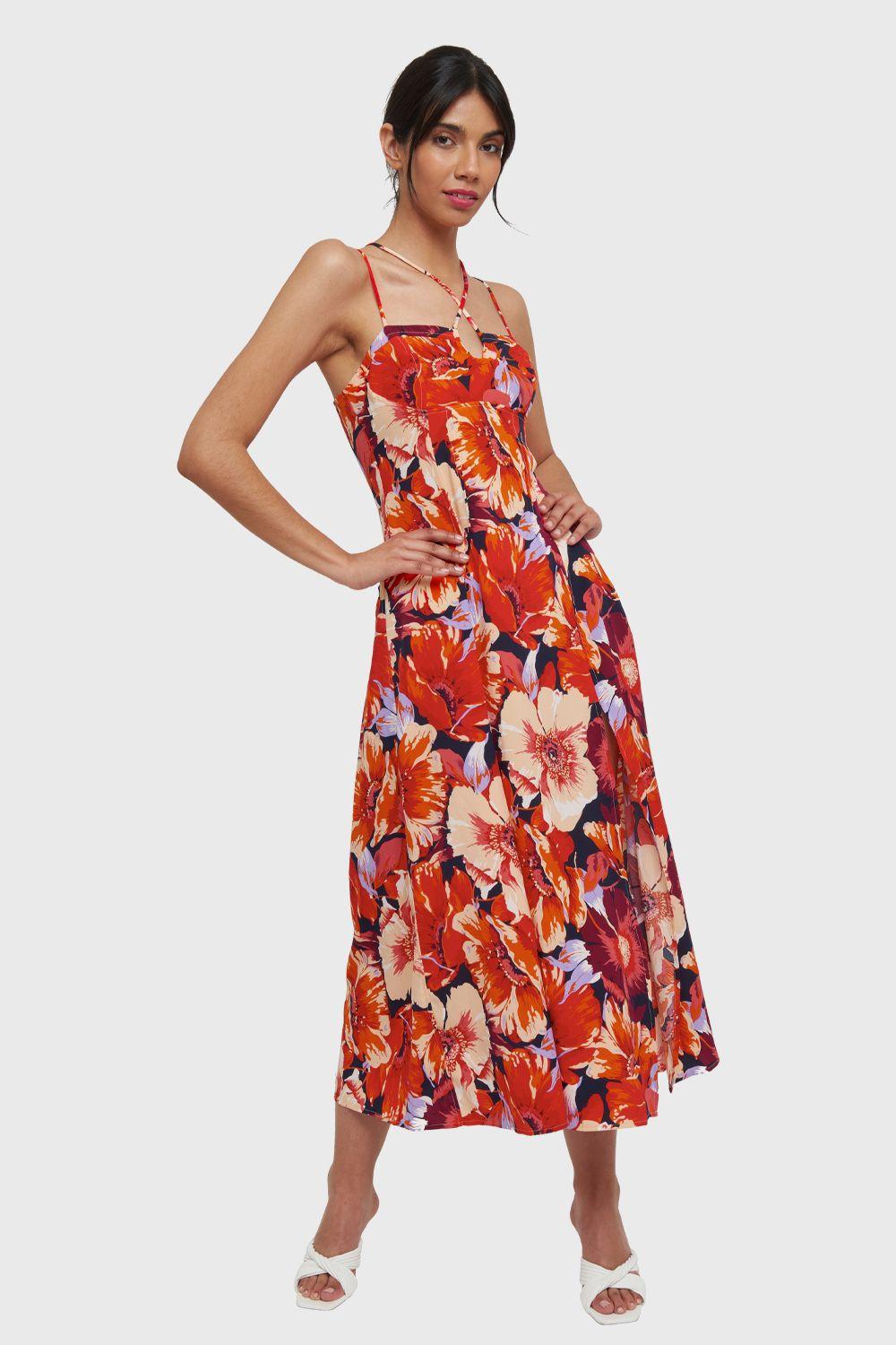 Vestido Largo Floral Tajo Naranjo Nicopoly-1