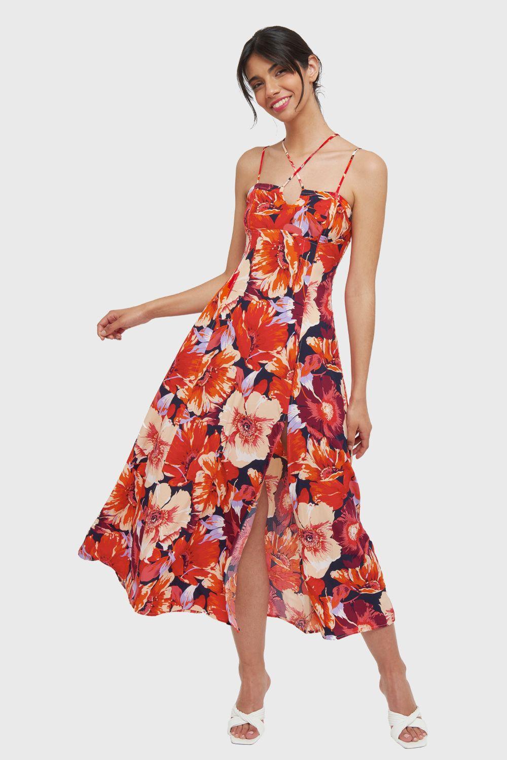 Vestido Largo Floral Tajo Naranjo Nicopoly-0