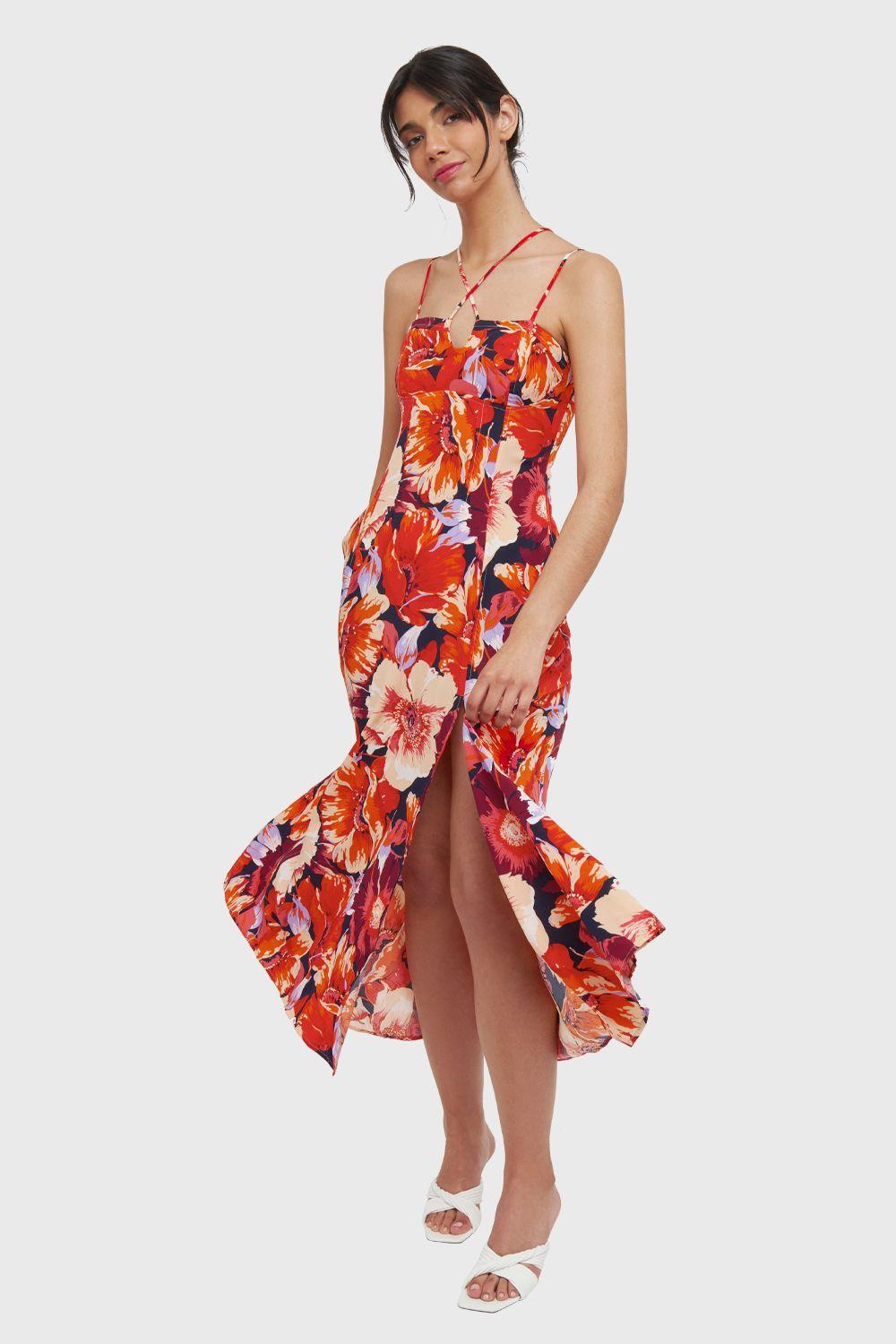 Vestido Largo Floral Tajo Naranjo Nicopoly-4