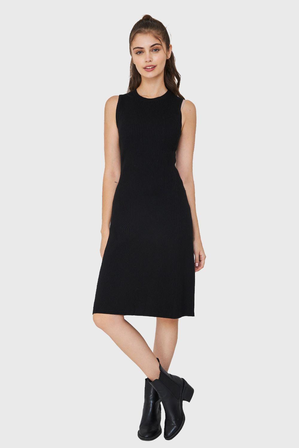 Vestido Midi Acanalado Negro Nicopoly-1