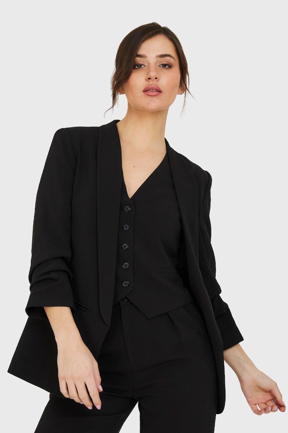 Blazer Manga 3/4 Ajustada Con Pliegues Negro Nicopoly-0