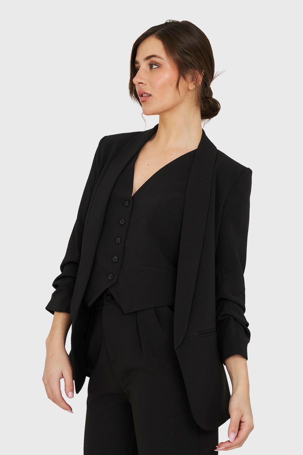 Blazer Manga 3/4 Ajustada Con Pliegues Negro Nicopoly-2