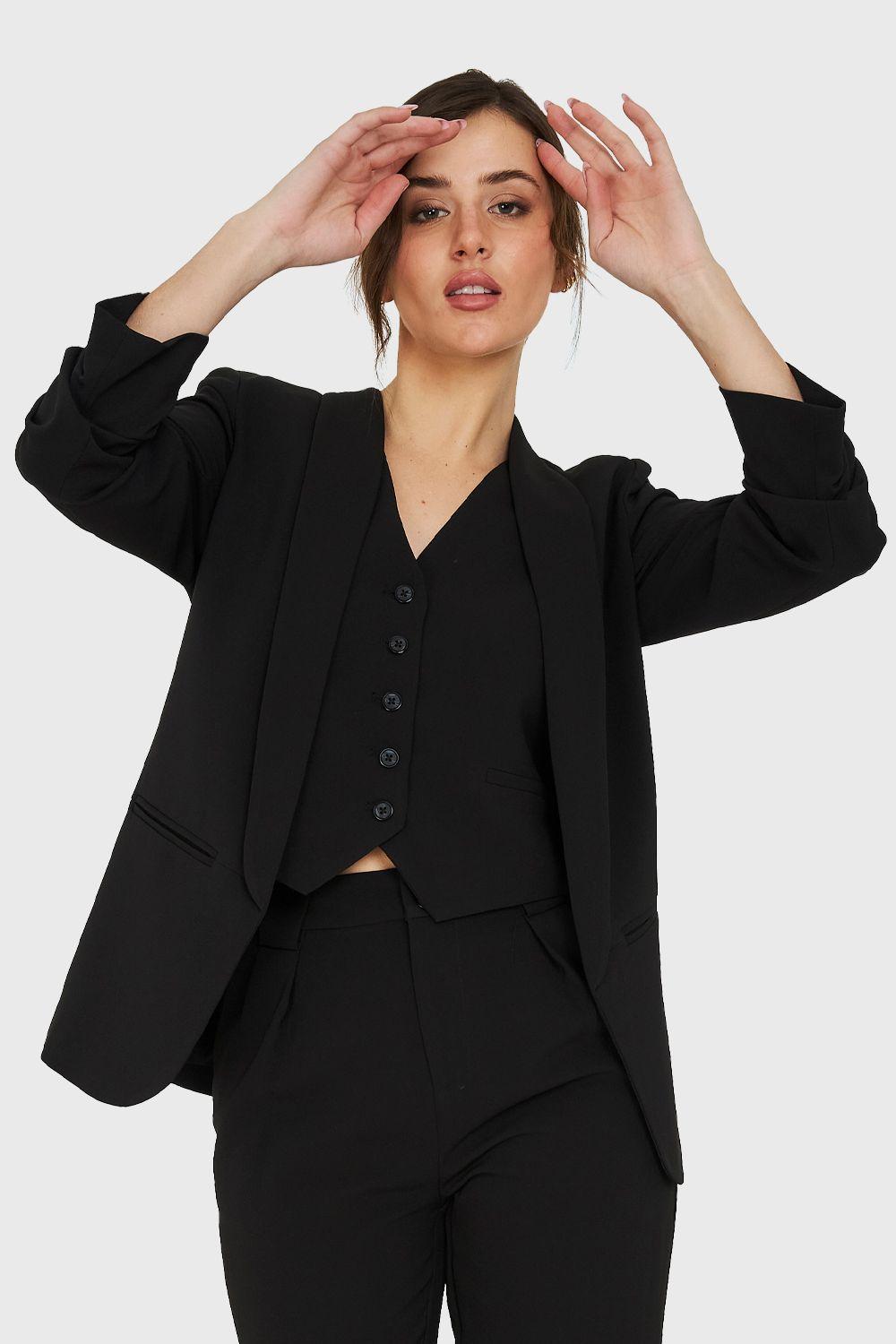 Blazer Manga 3/4 Ajustada Con Pliegues Negro Nicopoly-4