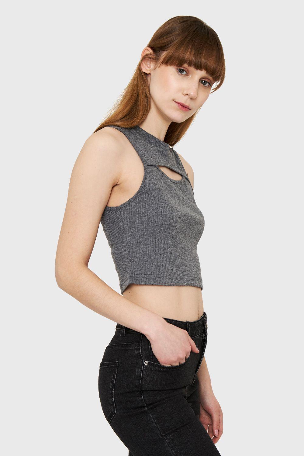 Polera Crop Top Cut Out Gris Nicopoly-2