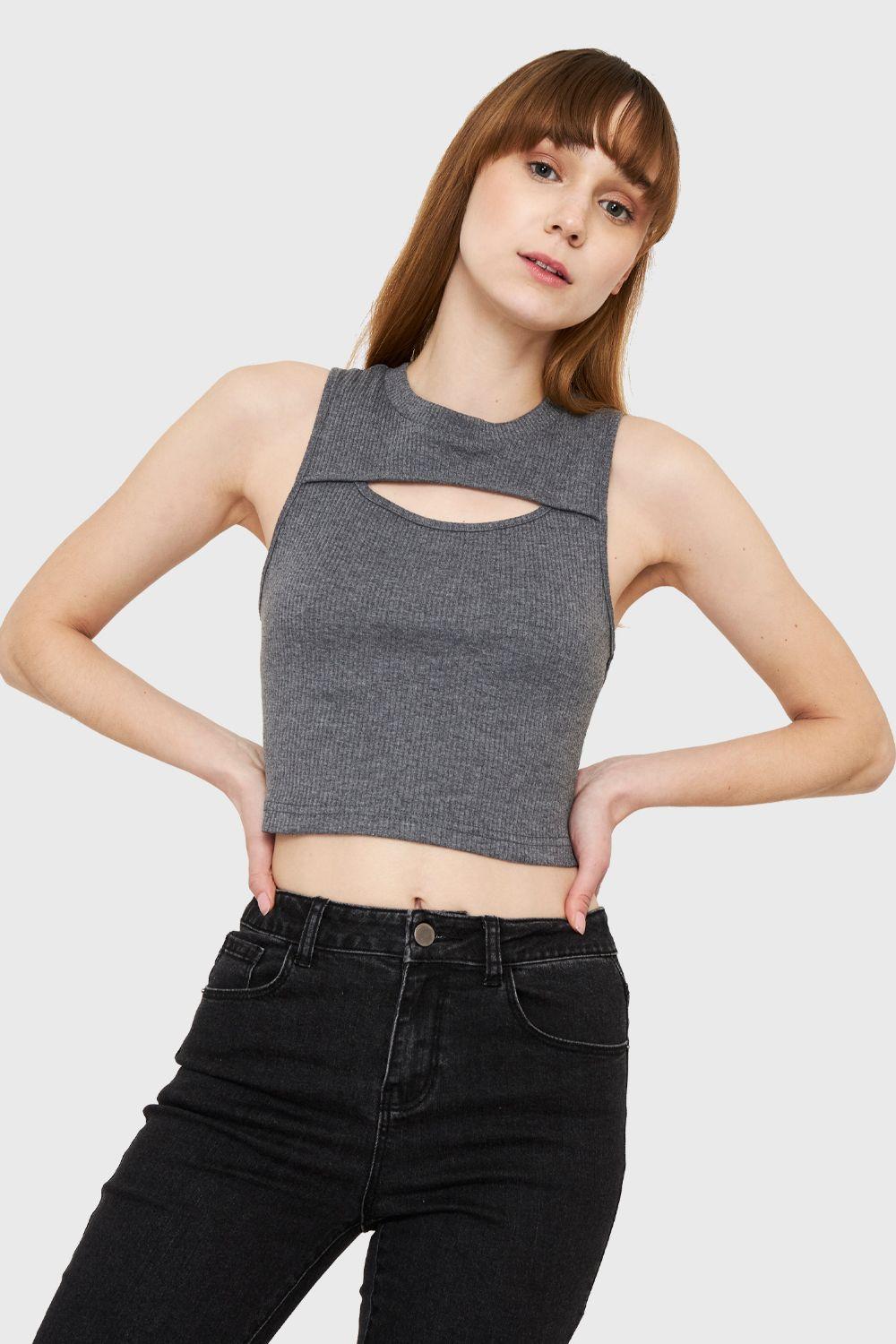 Polera Crop Top Cut Out Gris Nicopoly-4